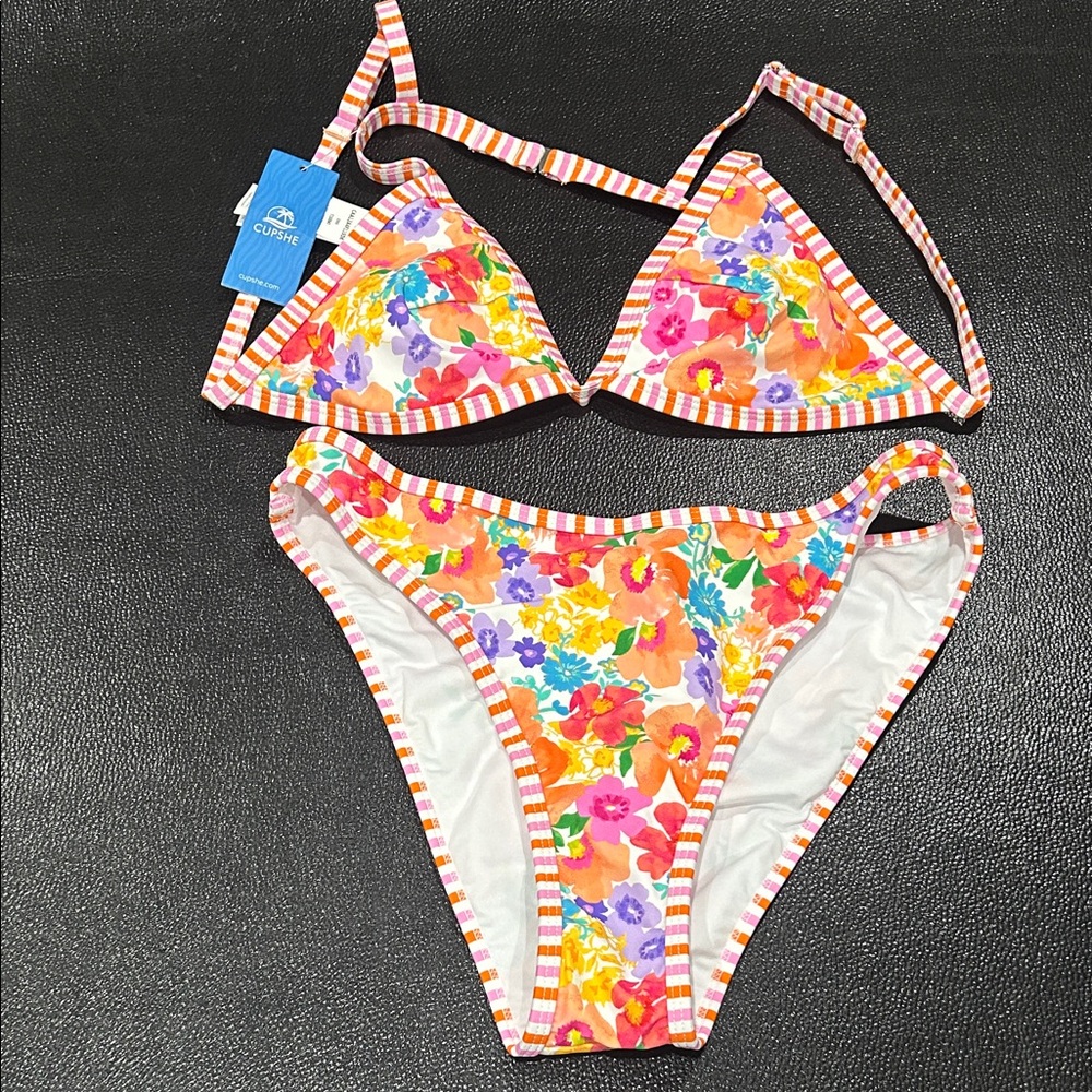 Cupshe Floral Stripe-Trim Bikini in Orange, Pink, Yellow, Purple